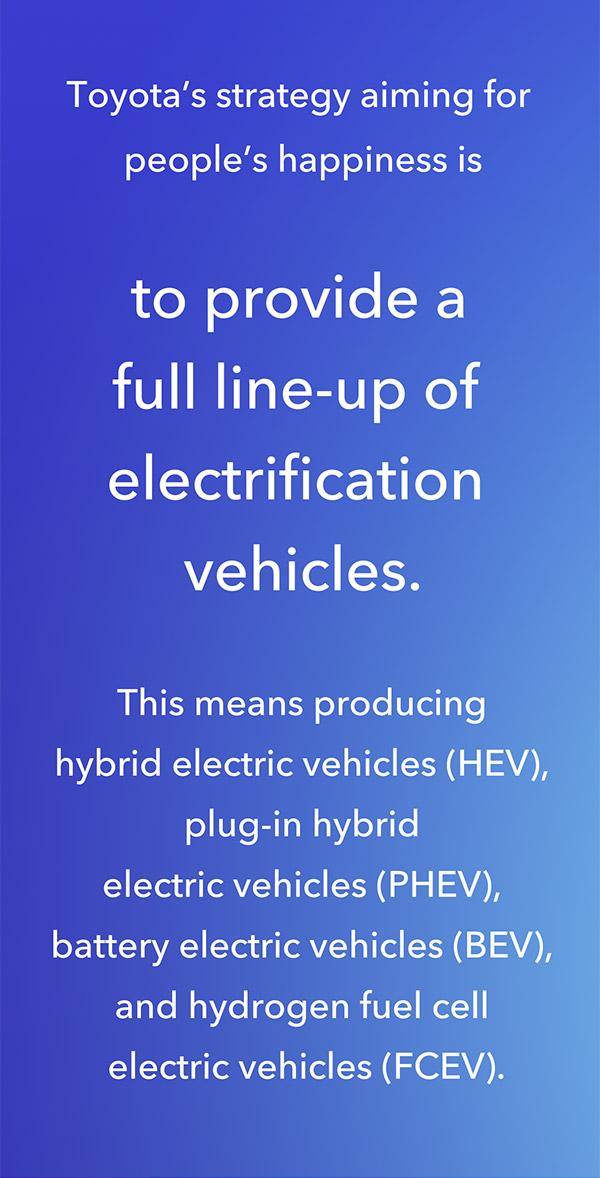 Toyota's strategy aiming for people's happiness is to provide a full line-up of electrification vehicles from hybrid electric vehicles (HEV), plug-in hybrid electric vehicles (PHEV), battery electric vehicles (BEV), and to fuel cell electric vehicles (FCEV).